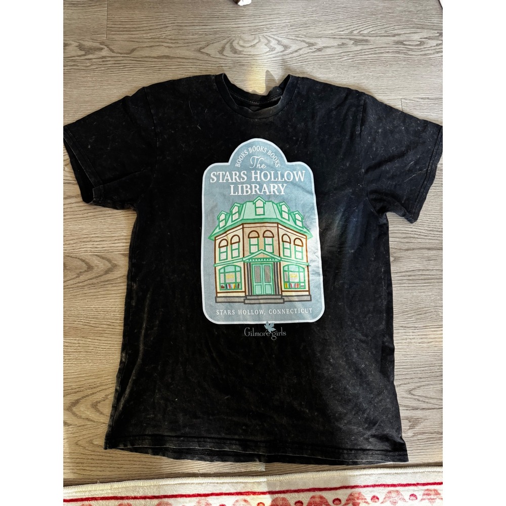 Gilmore Girls Stars Hollow Library Black Acid Wash Graphic T-Shirt Short Sleeve